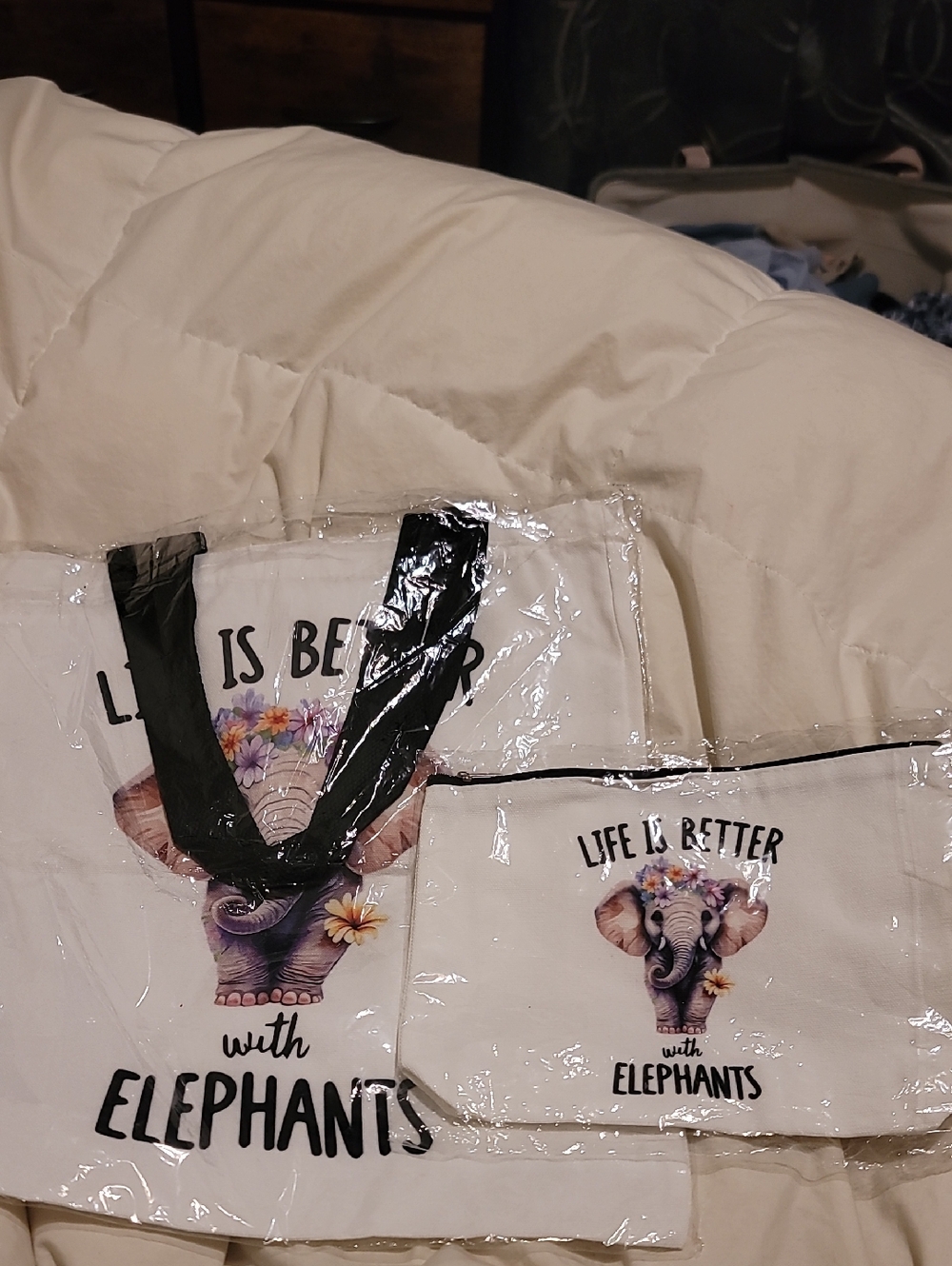 Canvas Tote & Pouch Set - 'Life is Better with Elephants'